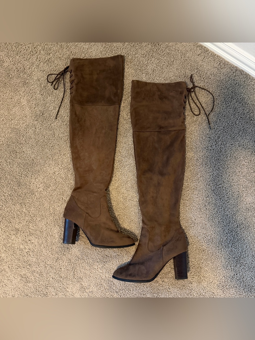 Women's Thigh High Brown Suede Block Heel Boots